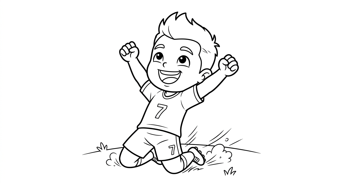 Desenho para colorir do atacante Vinicius Jr comemorando gol em close deslizando de joelhos para pintar