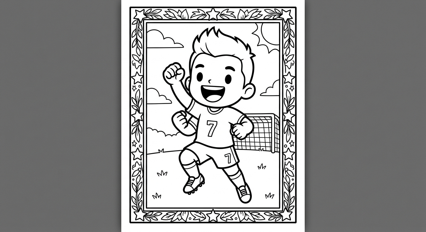 Desenho para colorir do atacante Vinicius Jr em card colecionável comemorando com soco no ar para pintar