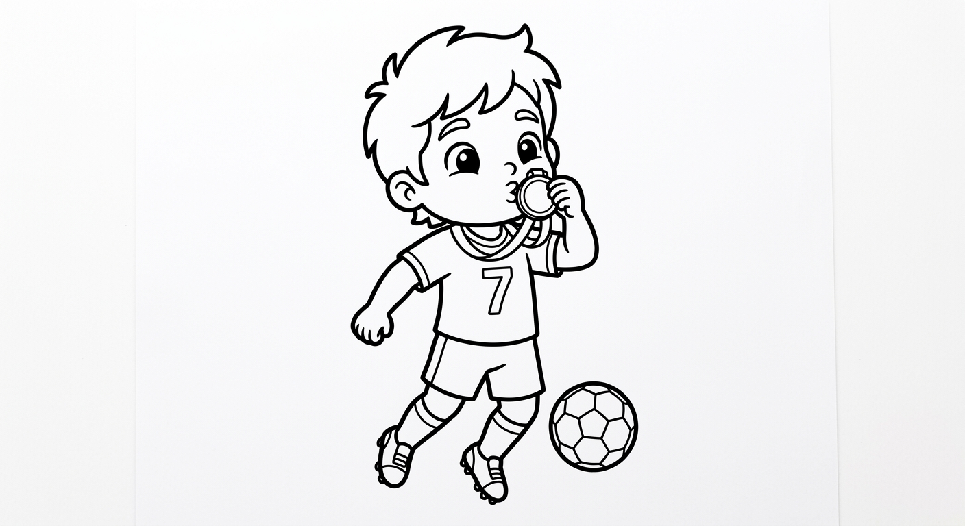 Desenho para colorir do atacante Vinicius Jr beijando a medalha de campeão durante um salto para pintar