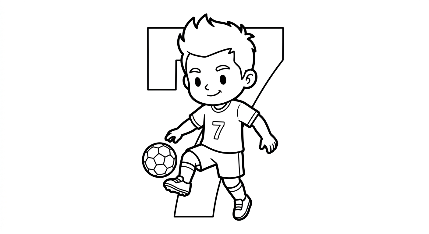 Desenho para colorir do atacante Vinicius Jr fazendo embaixadinhas com bola, estrelas e número ao fundo para pintar