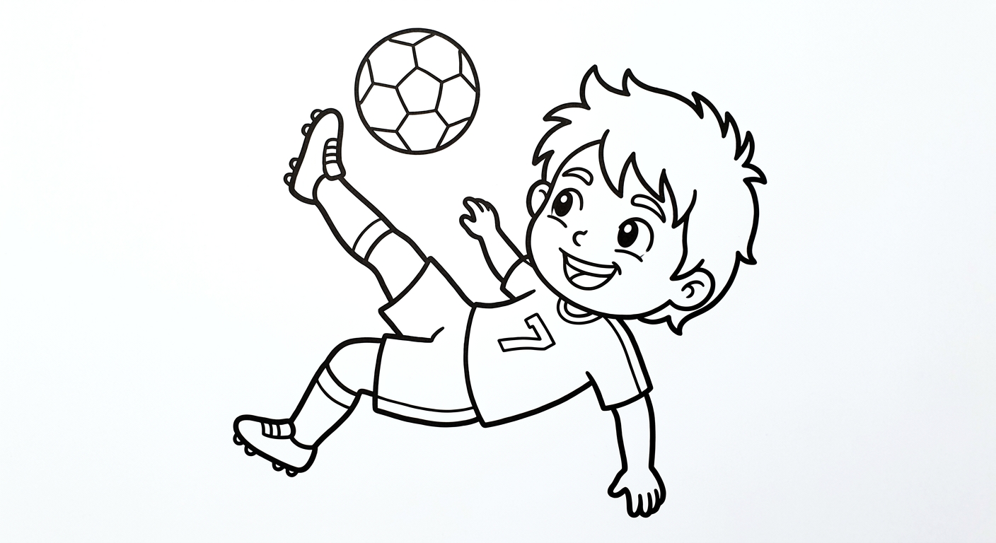 Desenho para colorir do atacante Vinicius de bicicleta acrobática com bola e estrelas decorativas para pintar