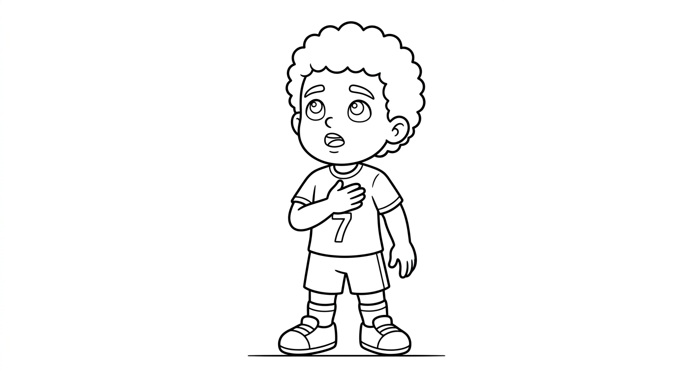 Desenho para colorir do atacante Vinicius Jr cantando o hino, mão no peito, em pose heroica para imprimir