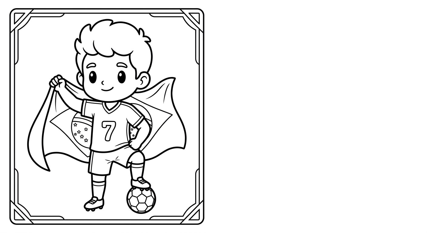 Desenho para colorir do atacante Vinicius Jr segurando a bandeira em card com bola e estrelas para pintar