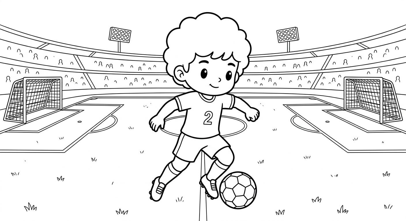 Desenho para colorir do lateral Wesley driblando com finta em salto no gramado do estádio para imprimir