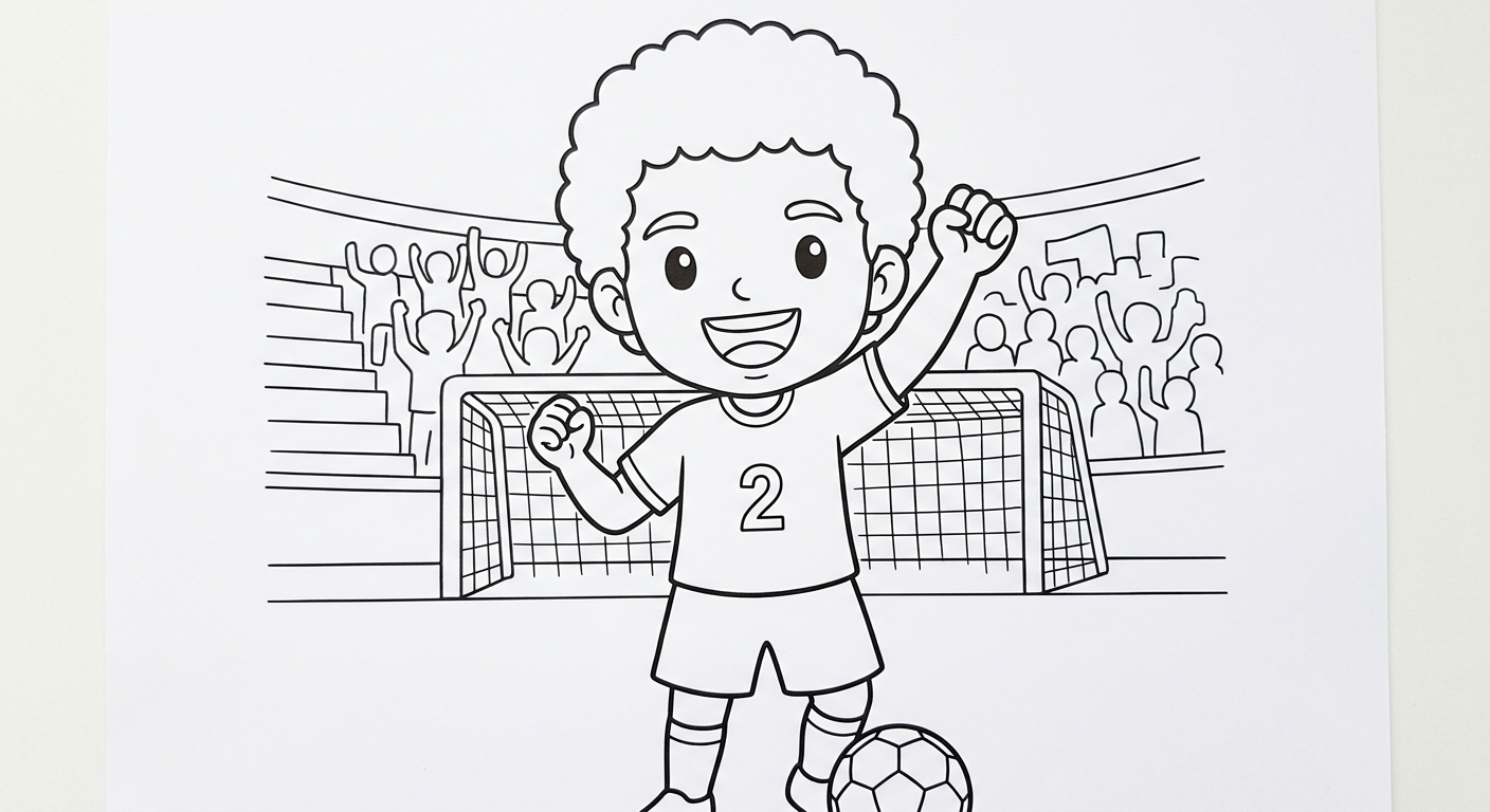Desenho para colorir do lateral Wesley comemorando com soco no ar após pênalti, torcida ao fundo