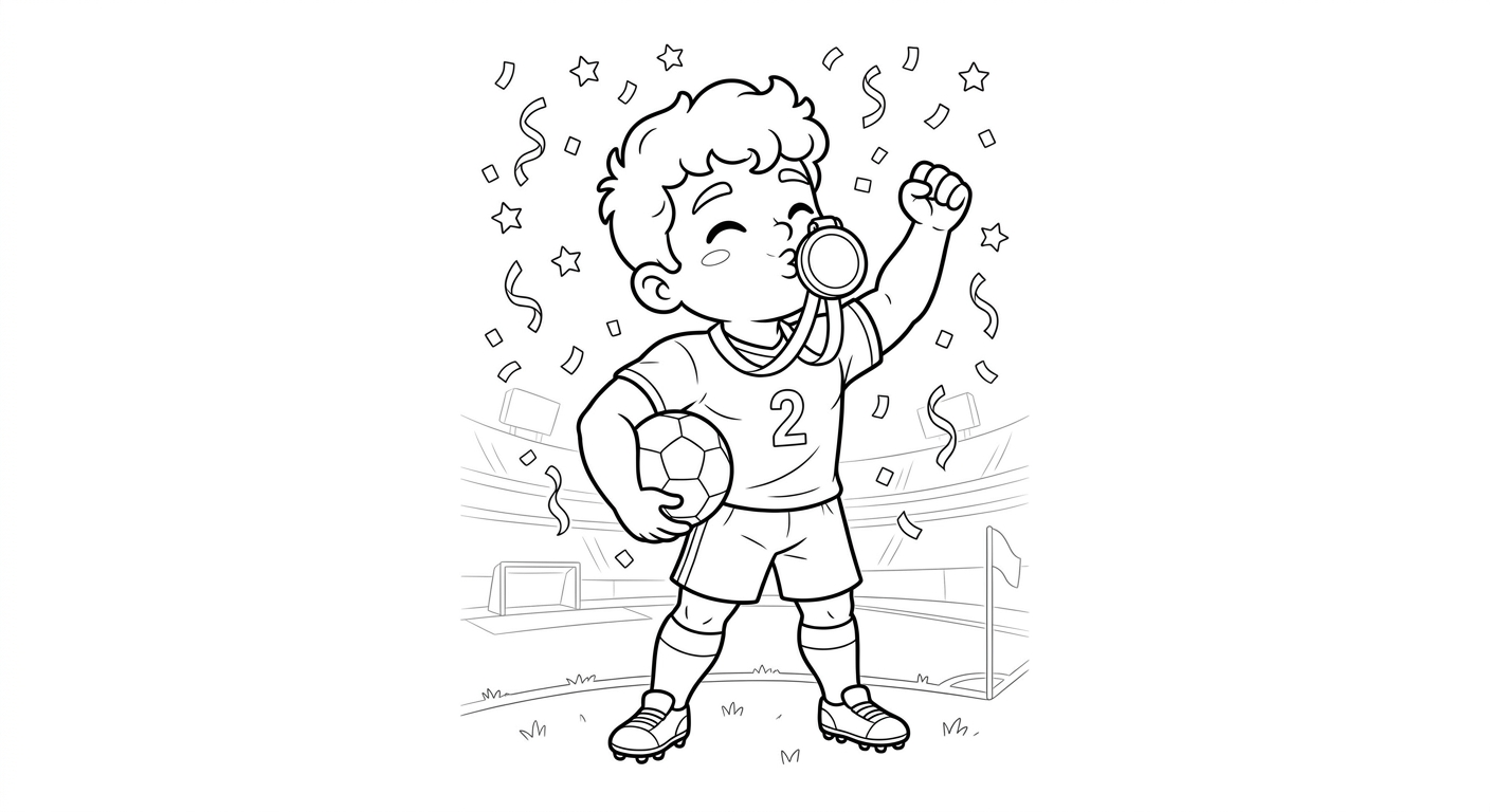 Desenho para colorir do lateral Wesley beijando medalha de campeão em pose heroica sob confete para imprimir