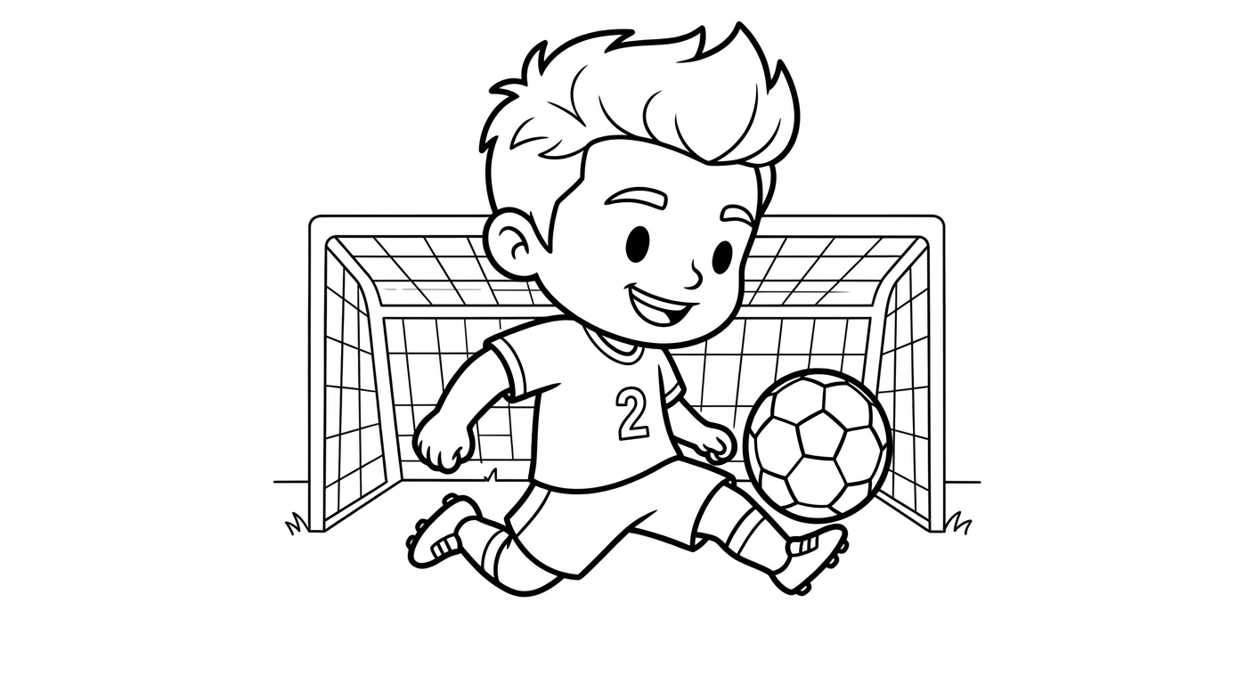 Desenho para colorir do lateral Wesley fazendo embaixadinhas em pose heroica diante do gol para pintar