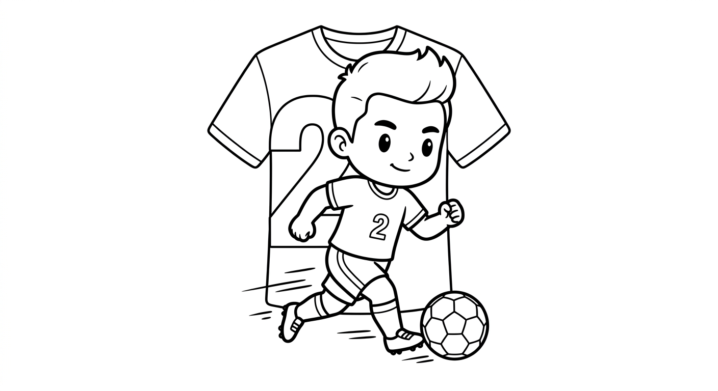 Desenho para colorir do lateral Wesley em disparada com bola e número grande ao fundo para pintar