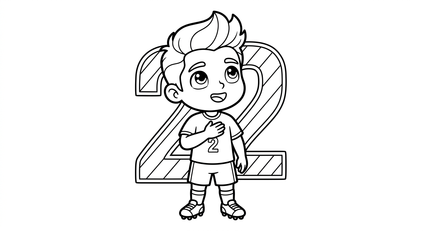 Desenho para colorir do lateral Wesley cantando hino com mão no peito, bola, estrelas e número ao fundo