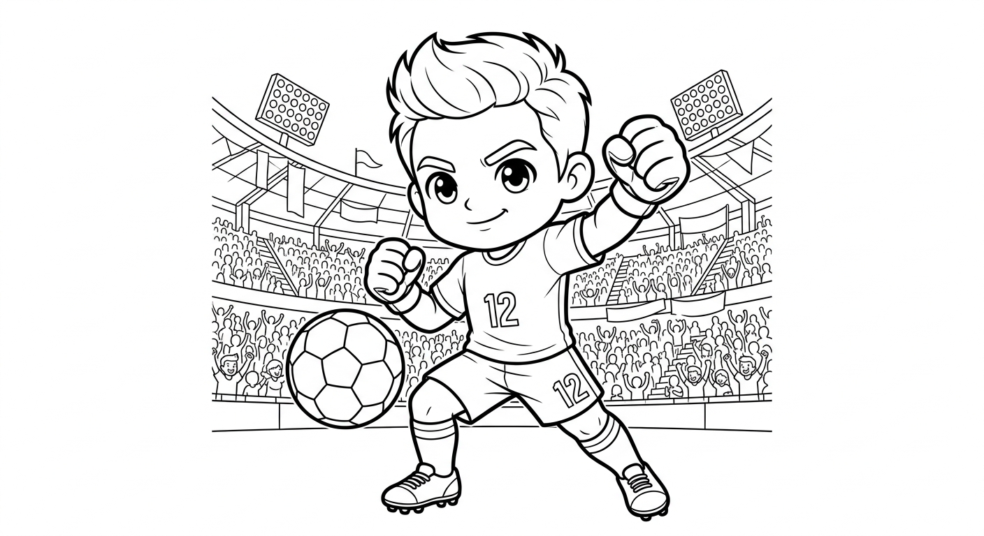 Desenho para colorir do goleiro Weverton socando a bola no estádio lotado em pose heroica para pintar