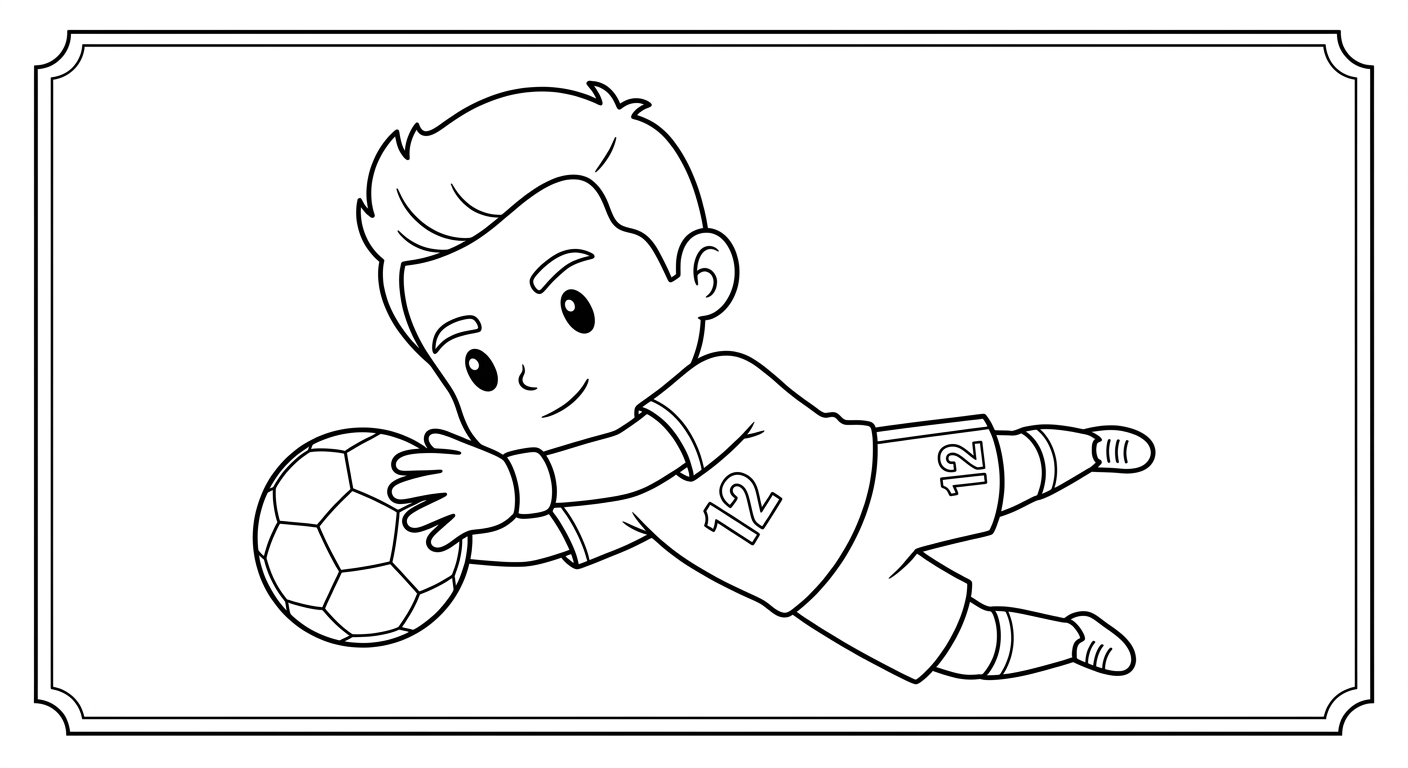 Desenho para colorir do goleiro Weverton mergulhando para defender bola com estrelas em card colecionável para imprimir