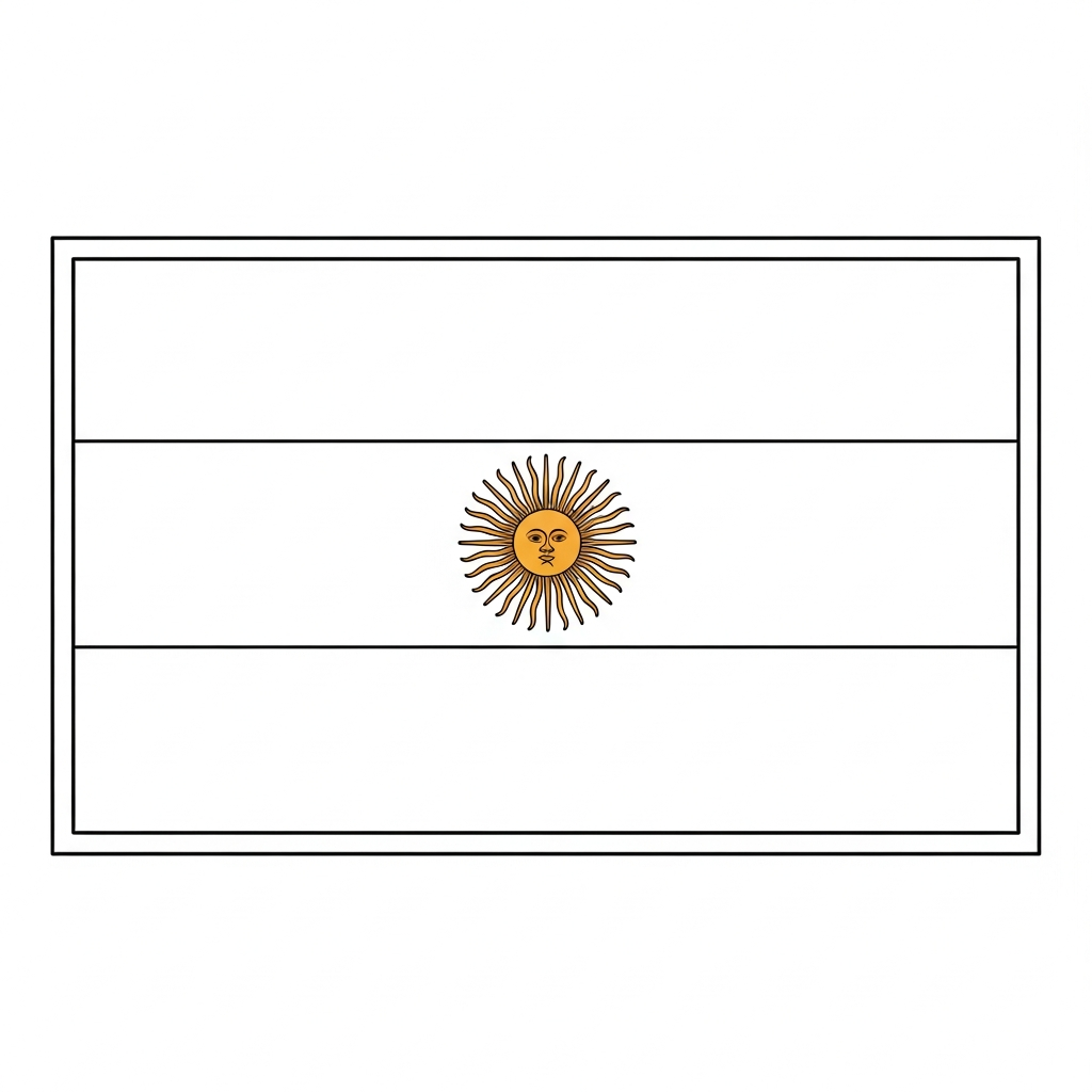 Desenho de bandeira a argentina para colorir com sol central e faixas onduladas