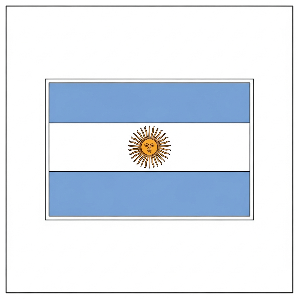 Desenho de bandeira a argentina para colorir com sol central e listras onduladas