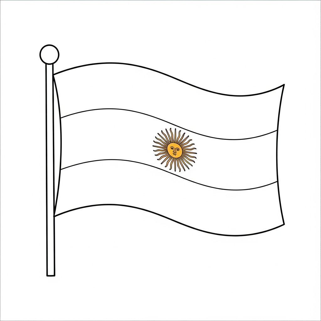Desenho de bandeira a argentina para colorir com sol central e listras horizontais
