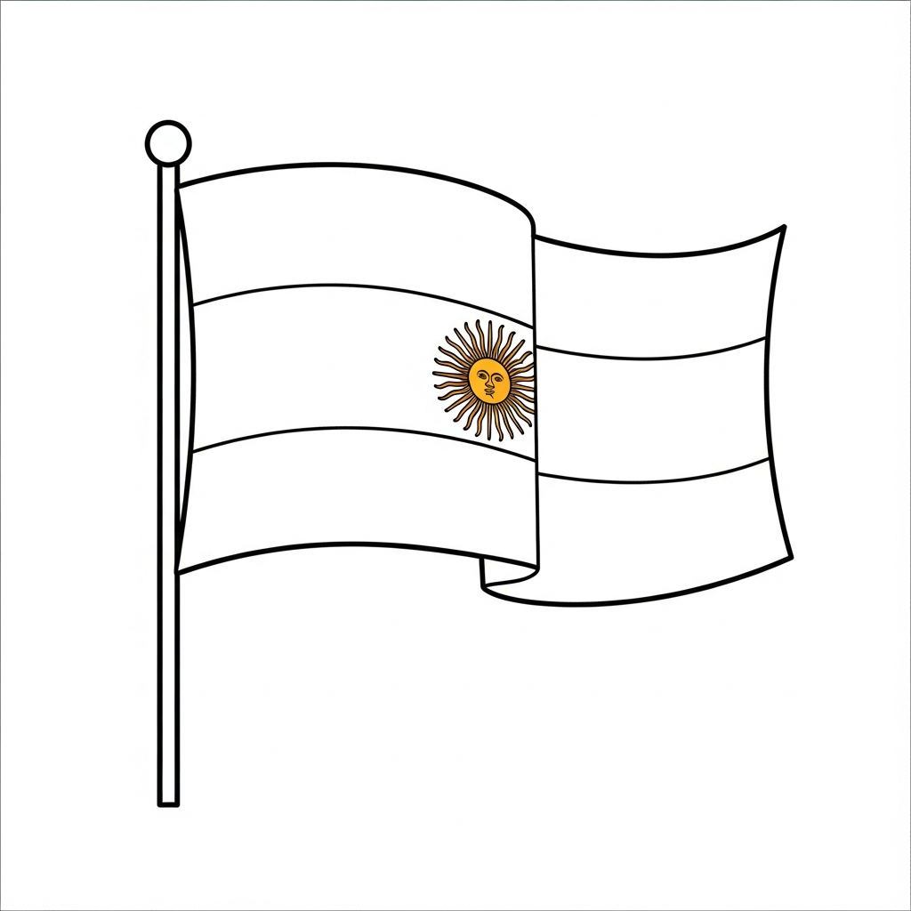 Desenho de bandeira a argentina para colorir com sol central e faixas onduladas