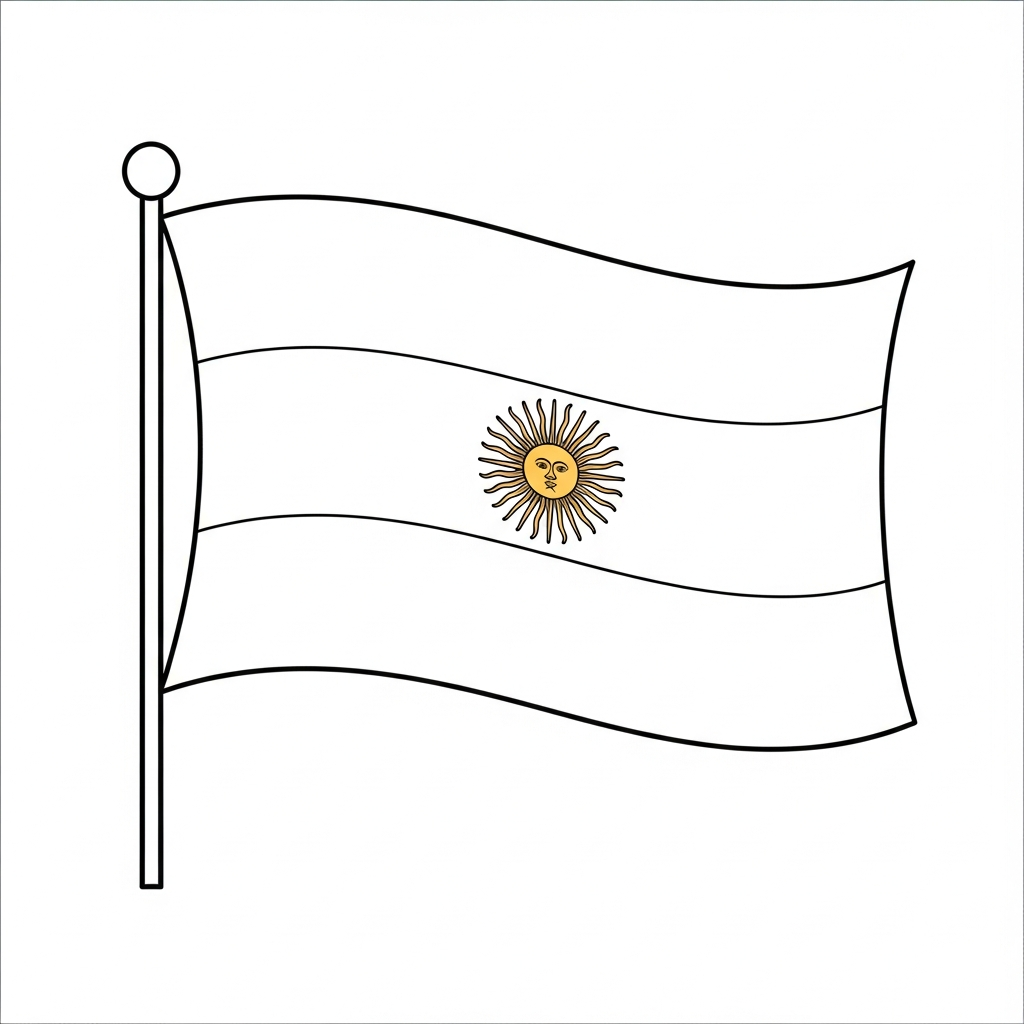 Desenho de bandeira a argentina para colorir com sol central e listras horizontais