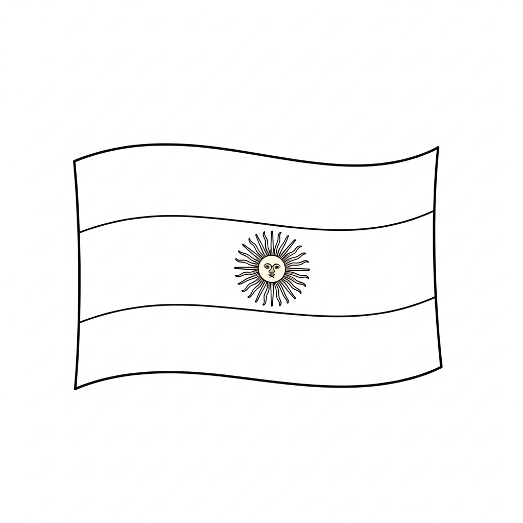 Desenho de bandeira a argentina para colorir com sol central e listras onduladas