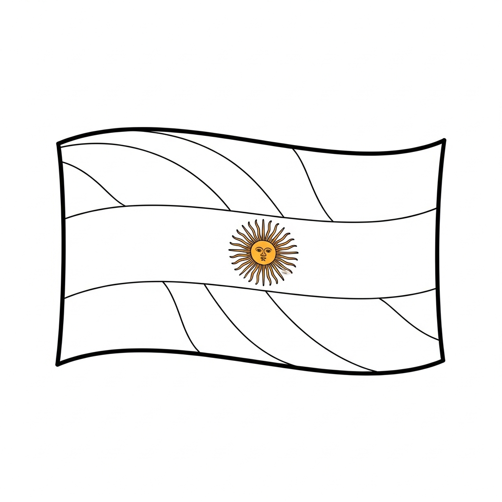 Desenho de bandeira a argentina para colorir com sol central e faixas onduladas