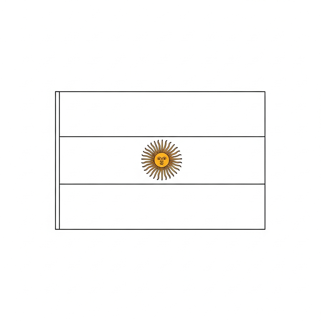 Desenho de bandeira argentina para colorir com sol central e listras onduladas
