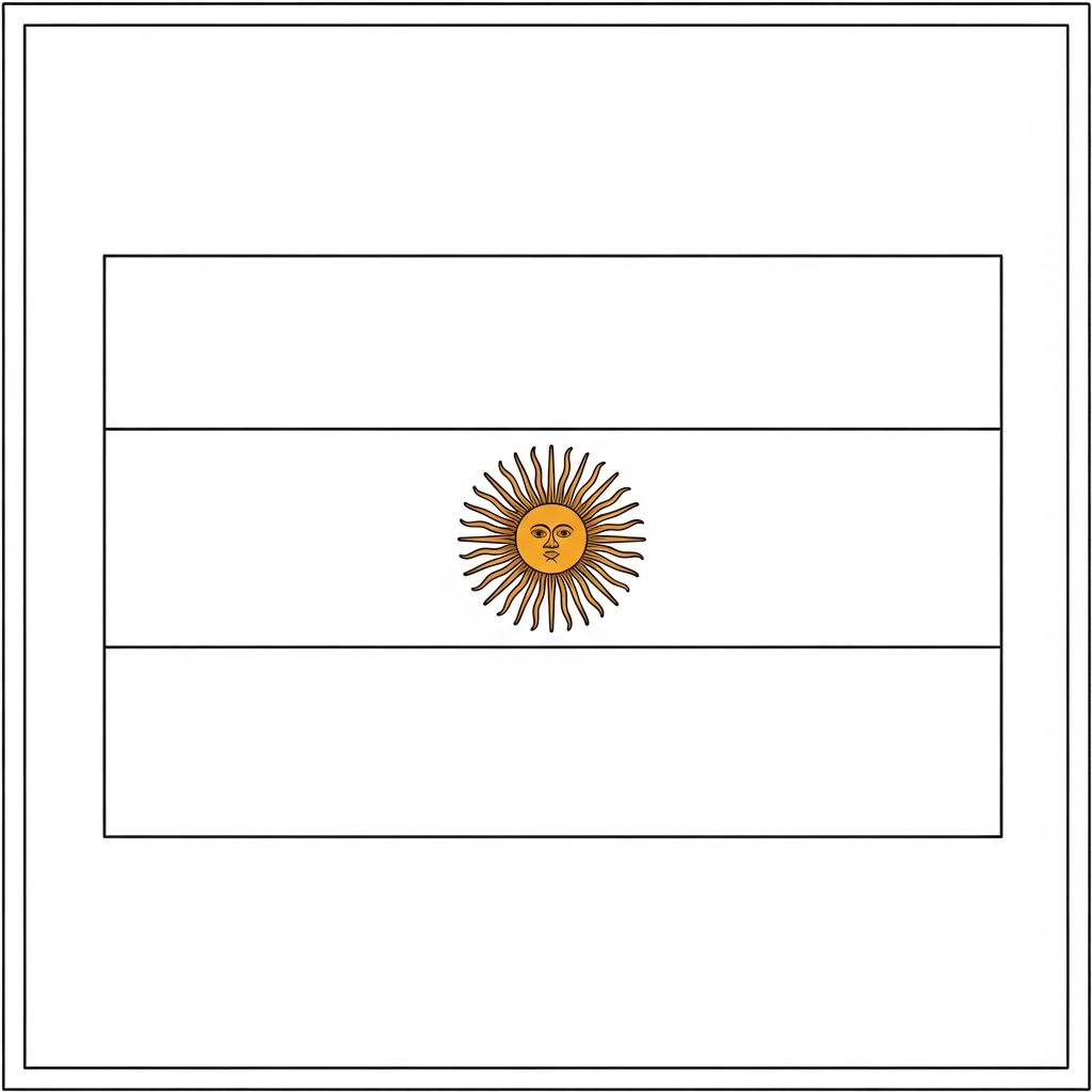 Desenho de bandeira argentina para colorir com sol central e listras onduladas