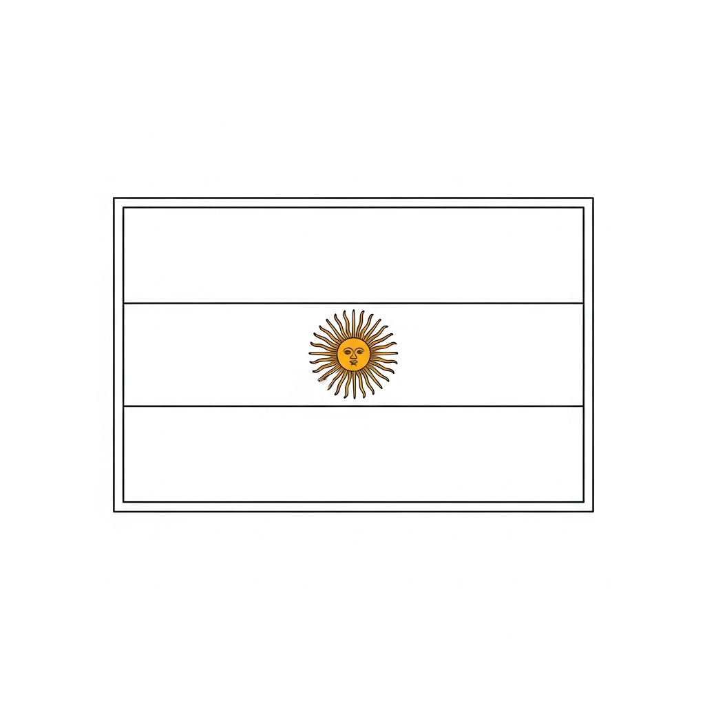 Desenho de bandeira argentina para colorir tremulando com sol central destacado