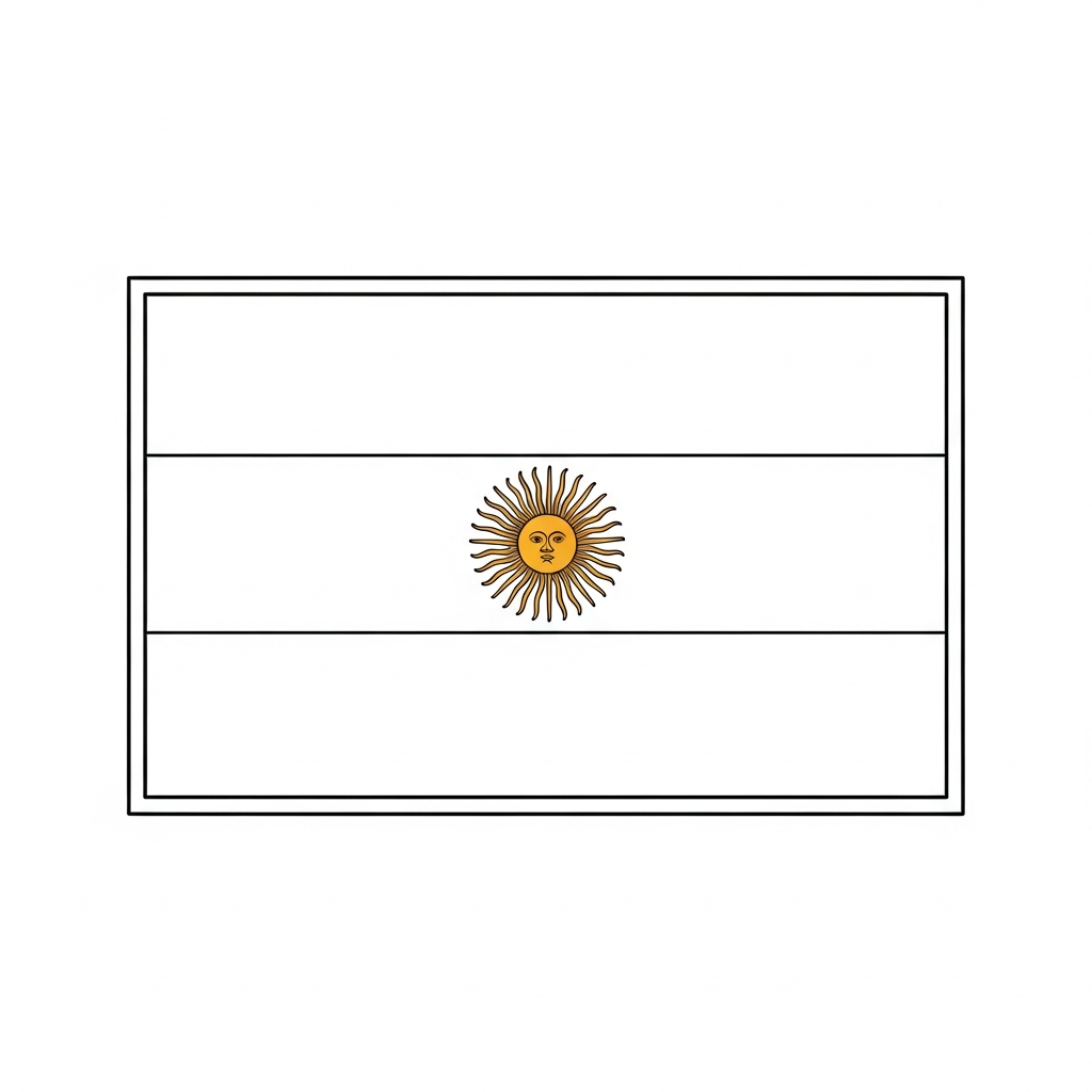 Desenho de bandeira argentina para colorir com sol central e faixas onduladas
