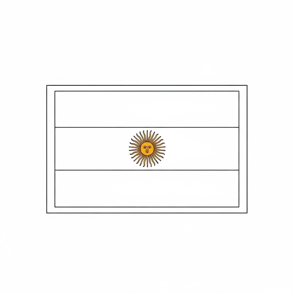 Desenho de bandeira argentina para colorir com sol central e listras onduladas