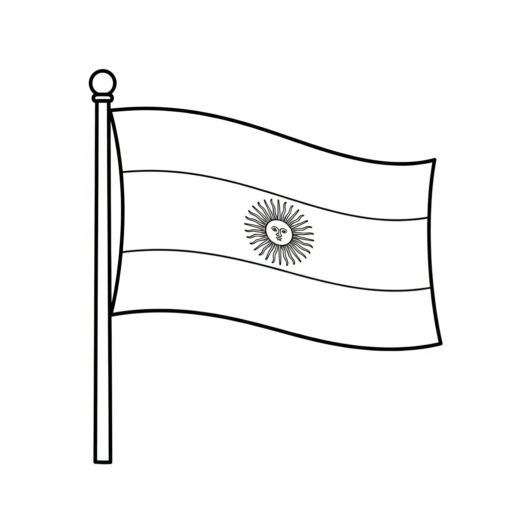 Desenho de bandeira argentina para colorir com sol central e listras onduladas