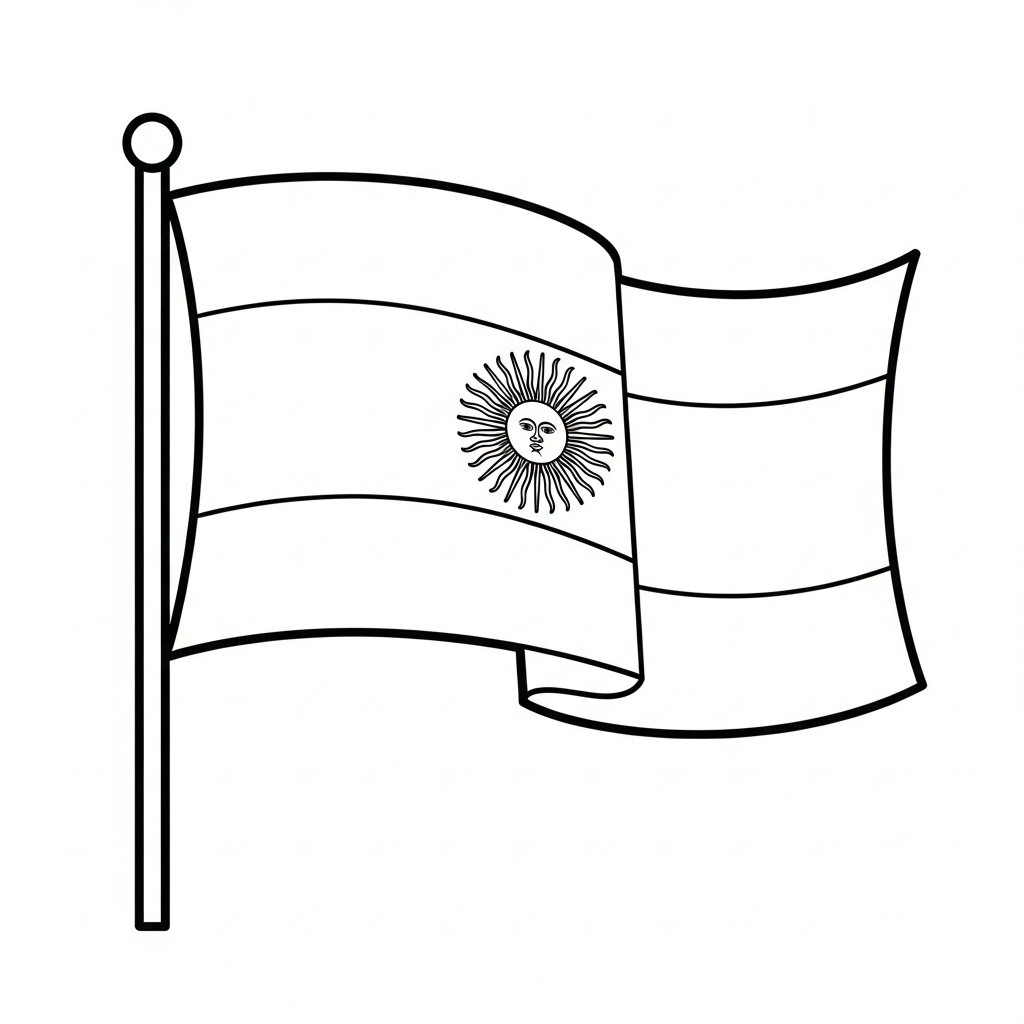 Desenho de bandeira argentina para colorir tremulando com sol central destacado
