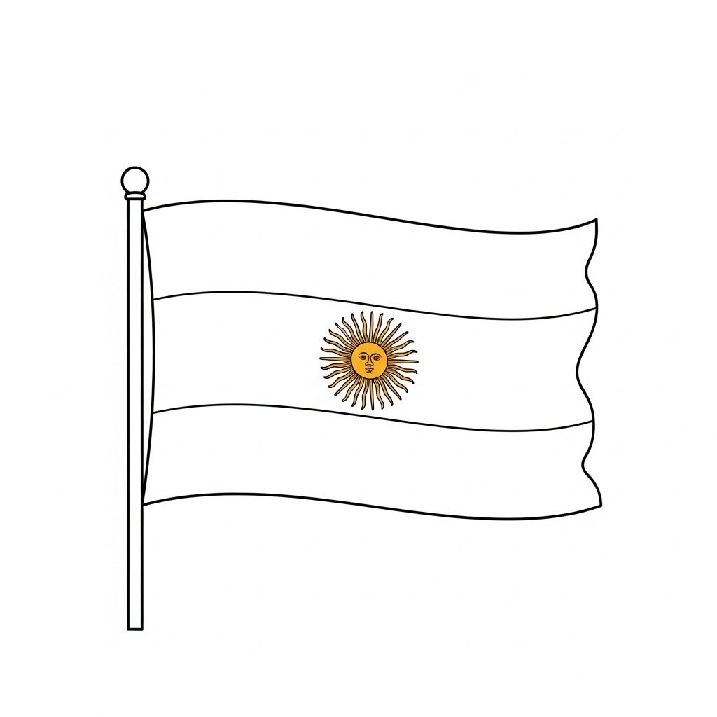 Desenho de bandeira argentina para colorir ondulando com sol central destacado