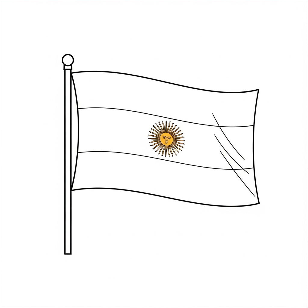 Desenho de bandeira argentina para colorir com sol central e listras onduladas