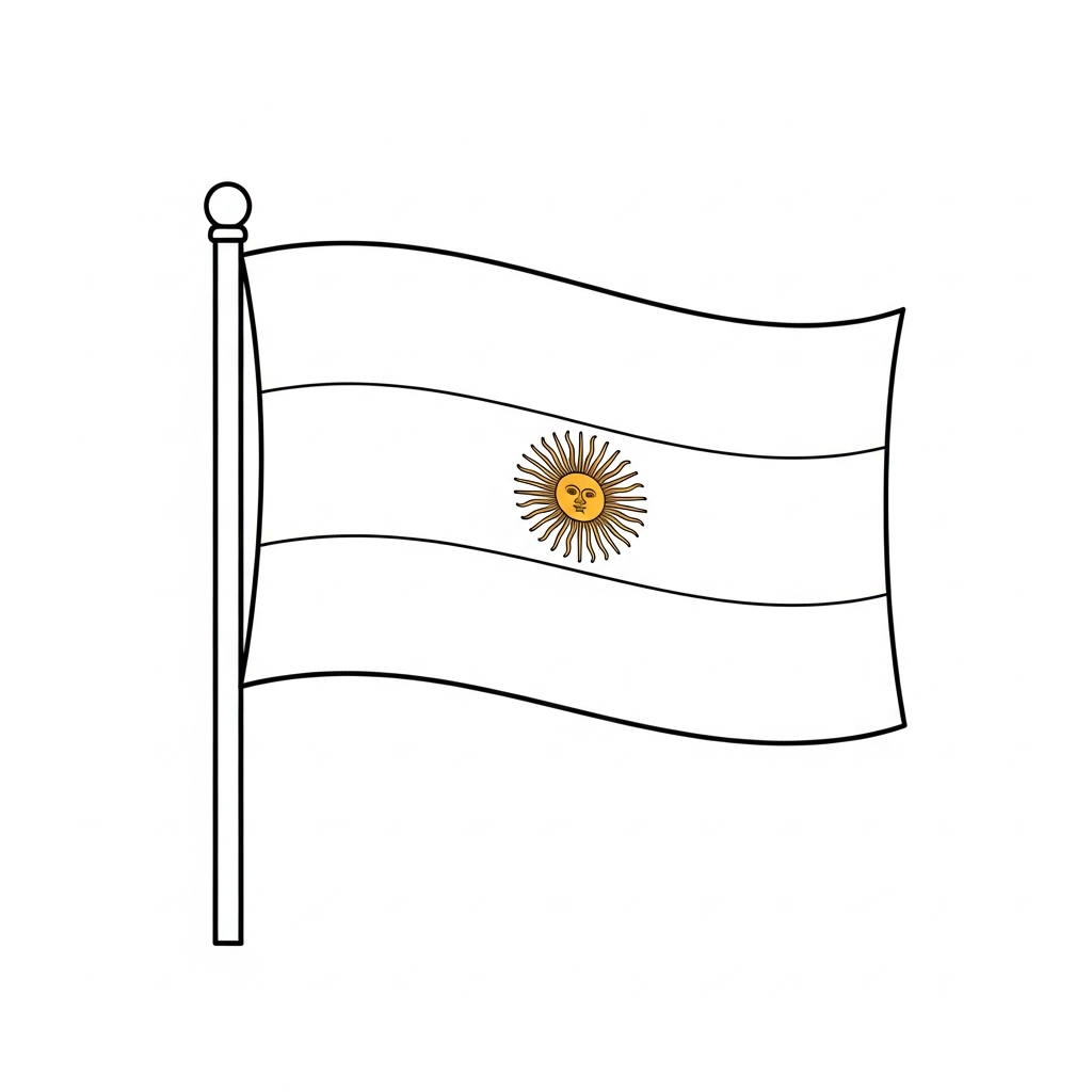 Desenho de bandeira argentina para colorir tremulando com sol central destacado
