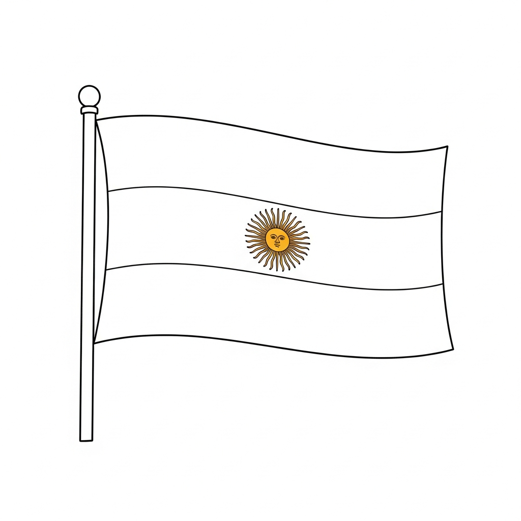Desenho de bandeira argentina para colorir com sol central e listras onduladas