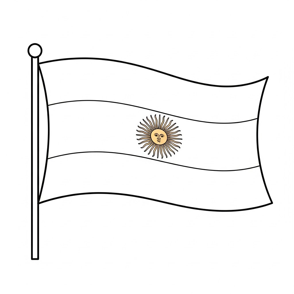 Desenho de bandeira argentina para colorir com sol central e listras onduladas