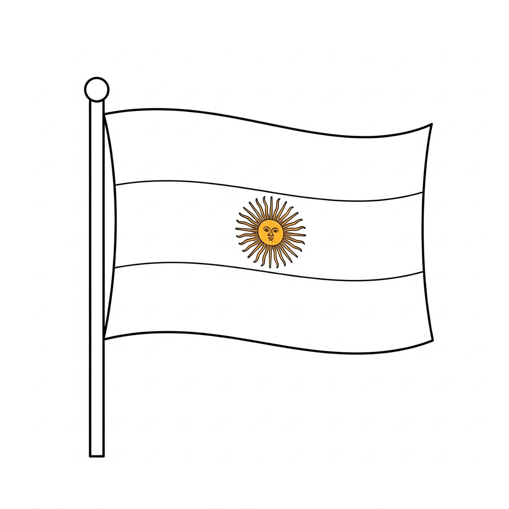 Desenho de bandeira argentina para colorir com sol central e listras onduladas