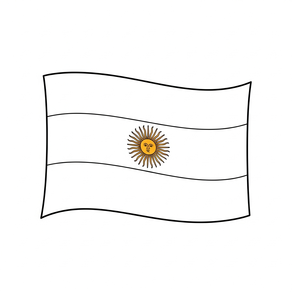 Desenho de bandeira argentina para colorir com sol central e listras onduladas