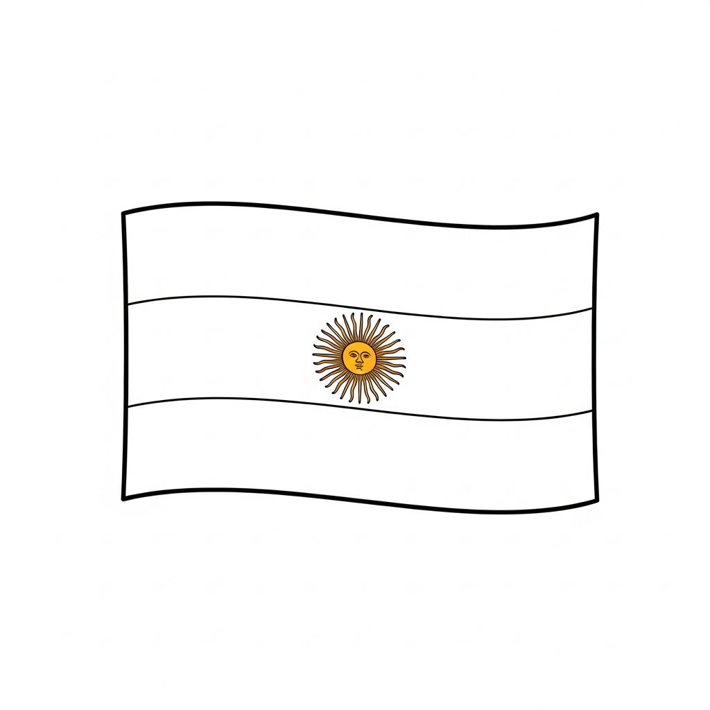 Desenho de bandeira argentina para colorir com sol central e listras onduladas