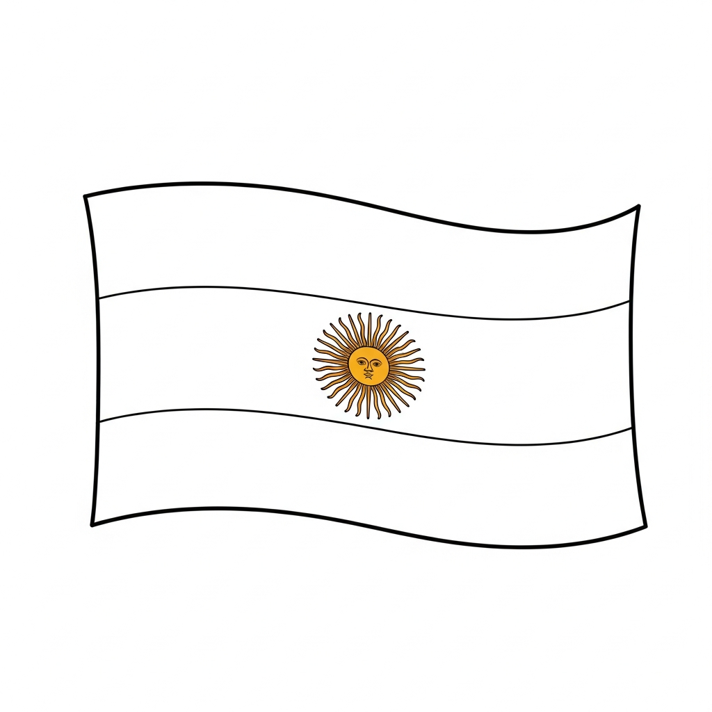 Desenho de bandeira argentina para colorir com sol central e listras onduladas