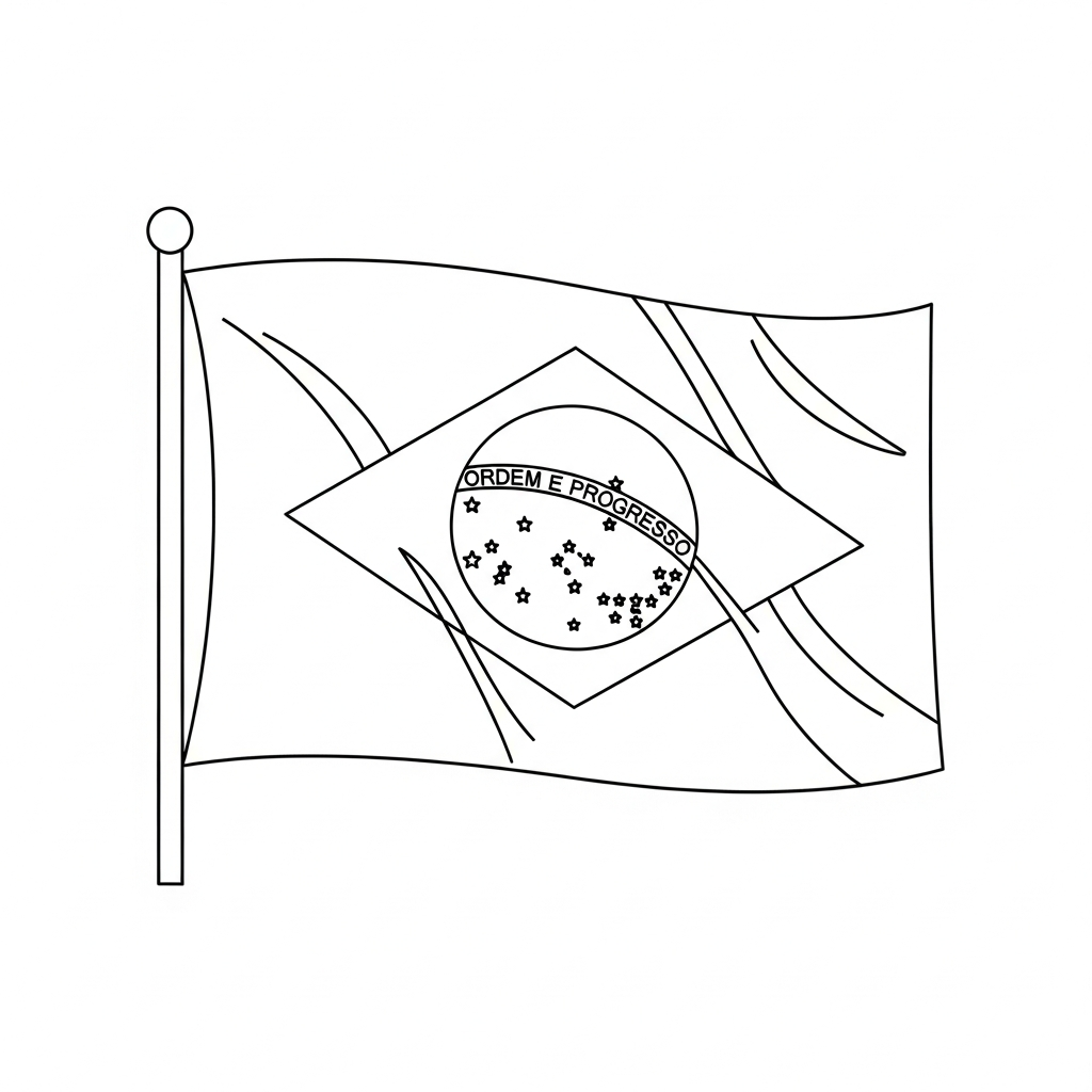 Desenho de bandeira brasil para colorir com contornos simples e detalhes nacionais