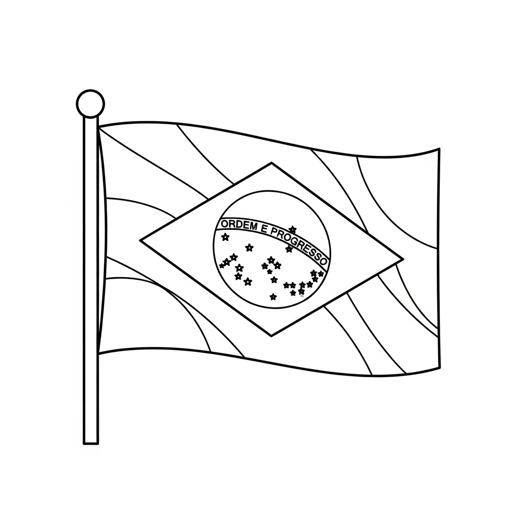 Desenho de bandeira brasil para colorir com listras e círculo central detalhado