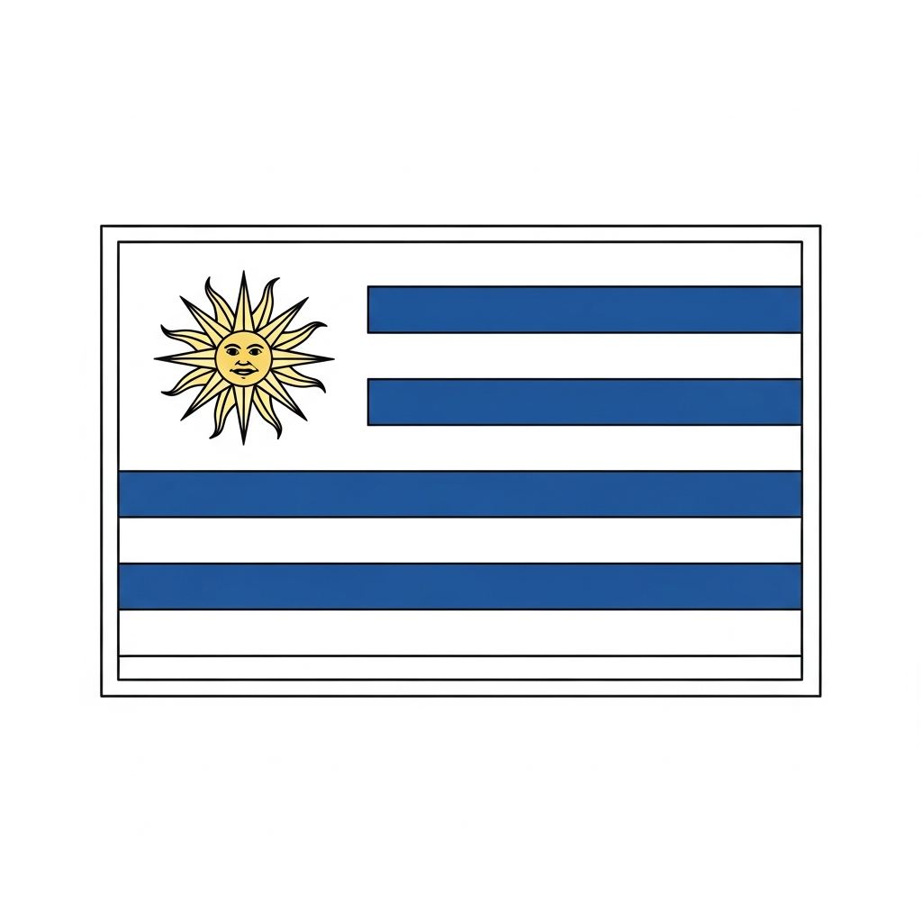 Desenho de bandeira o uruguai para colorir com sol e listras ondulantes