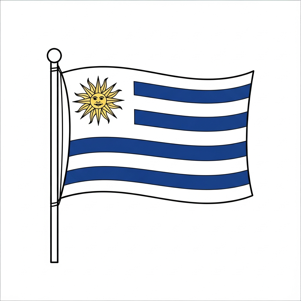Desenho de bandeira o uruguai para colorir com sol e listras onduladas