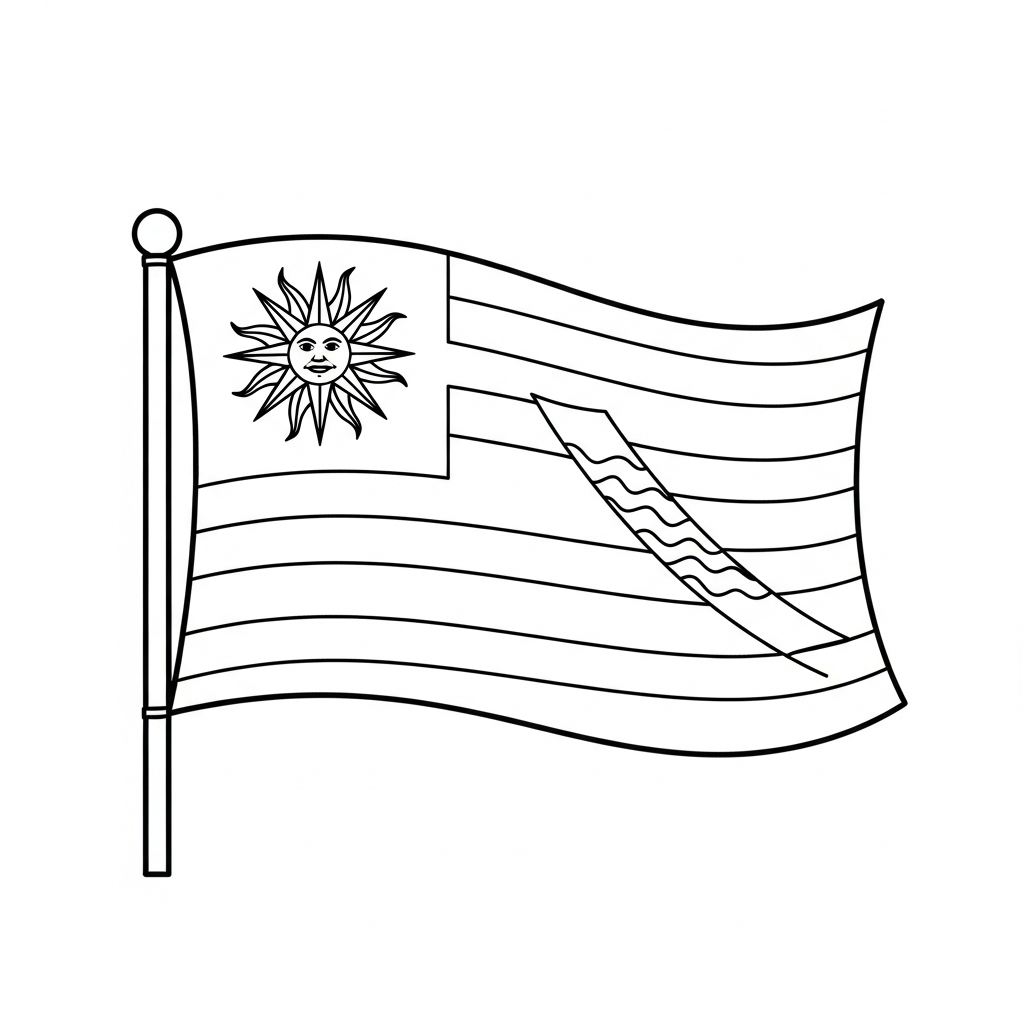 Desenho de bandeira o uruguai para colorir com sol e listras ondulantes