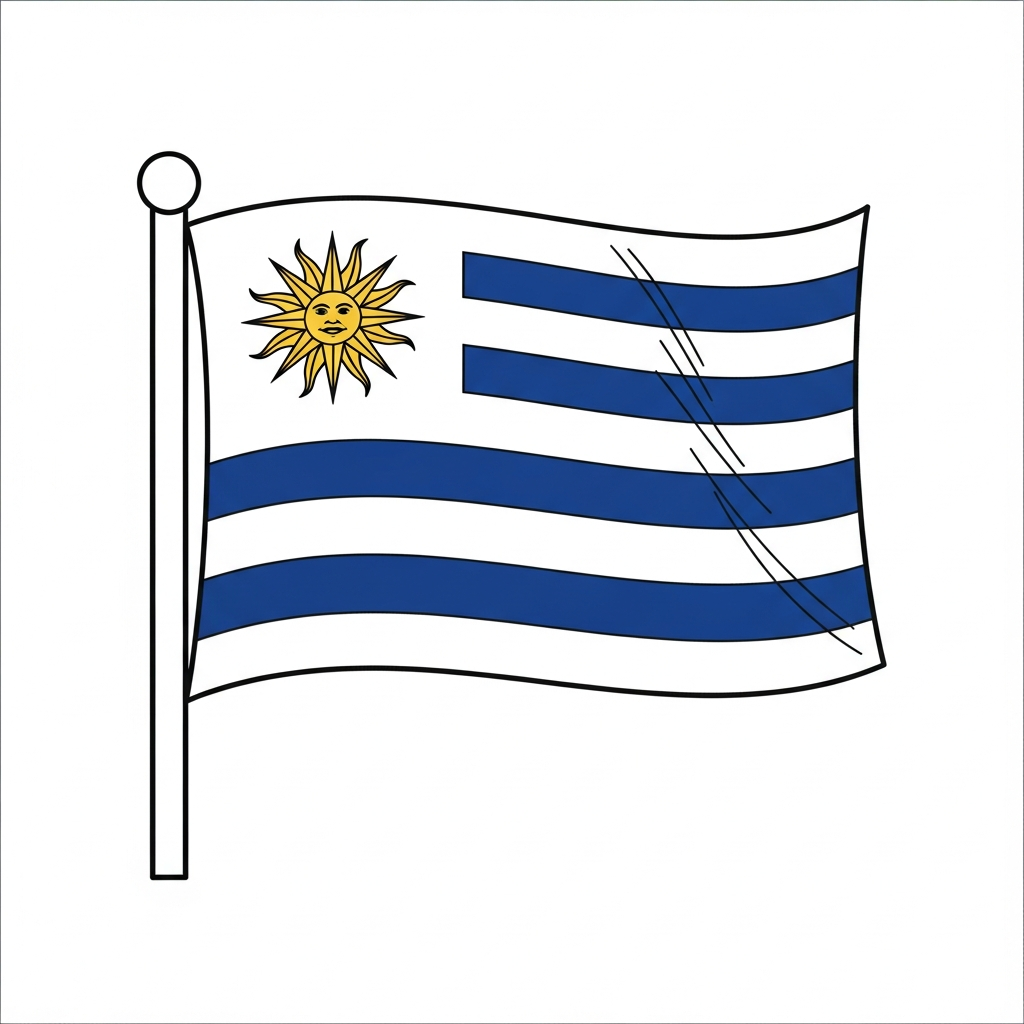 Desenho de bandeira o uruguai para colorir com sol e listras onduladas