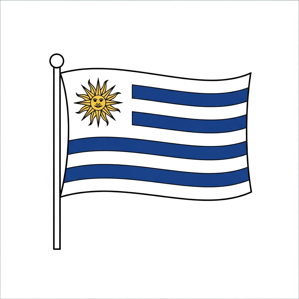 Desenho de bandeira o uruguai para colorir com sol e listras ondulantes