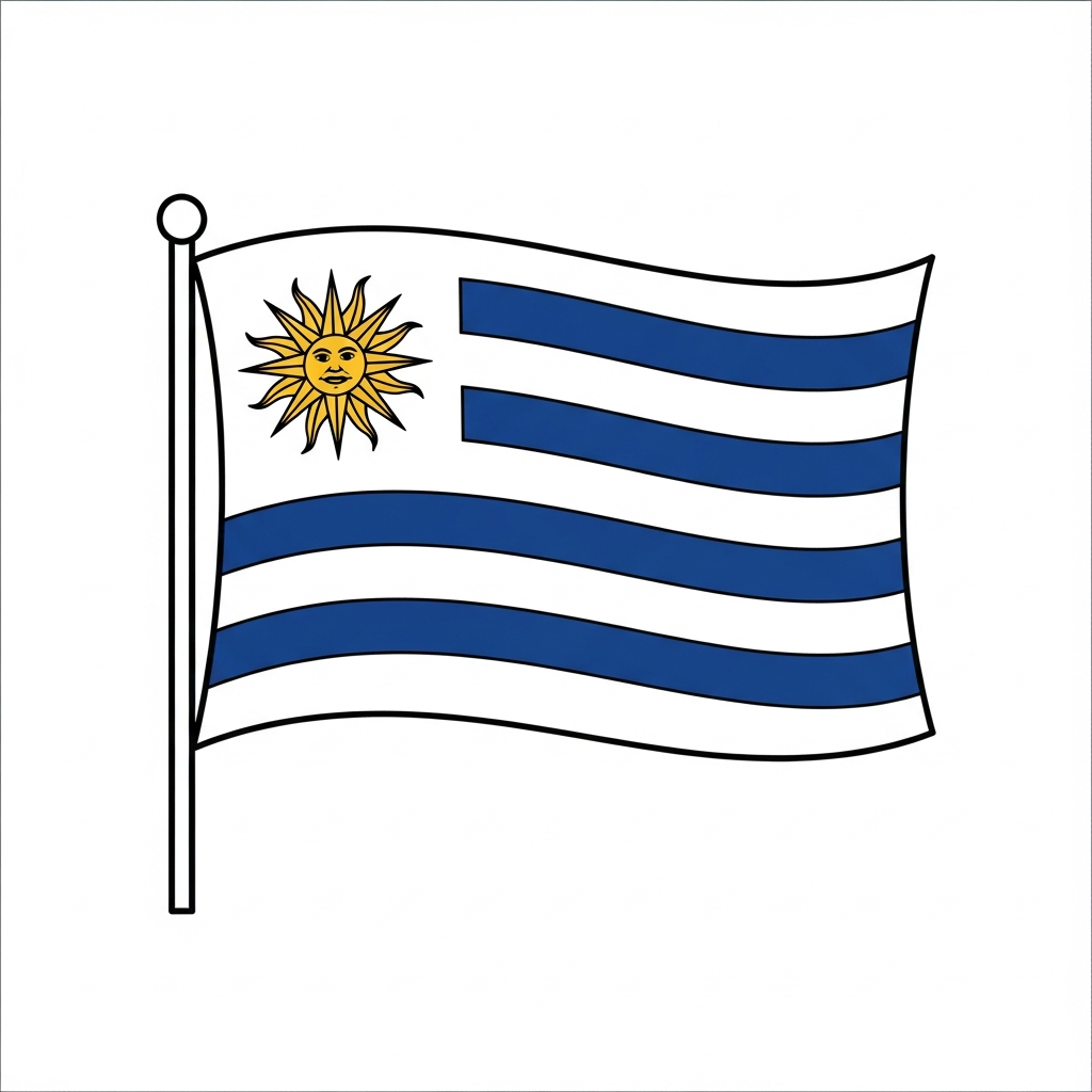 Desenho de bandeira o uruguai para colorir com listras e sol no canto