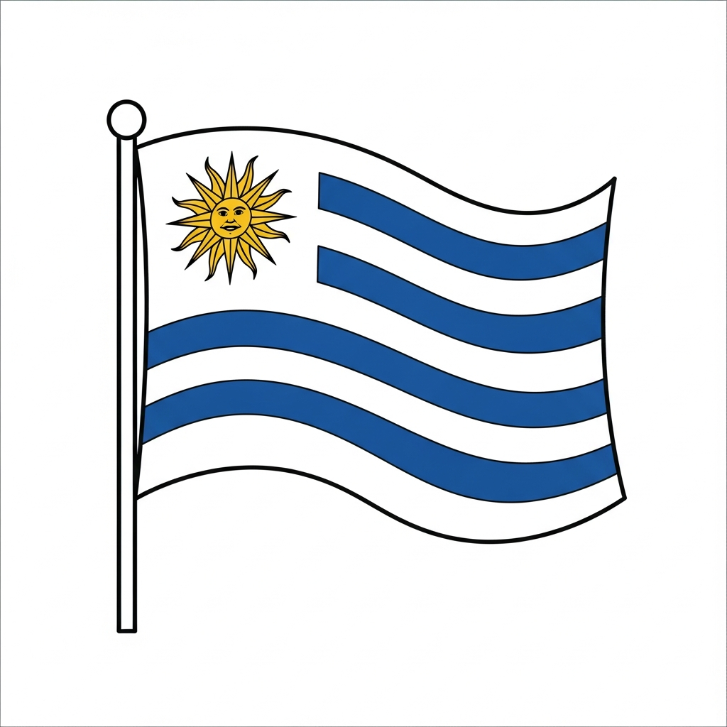 Desenho de bandeira o uruguai para colorir com listras e sol no canto