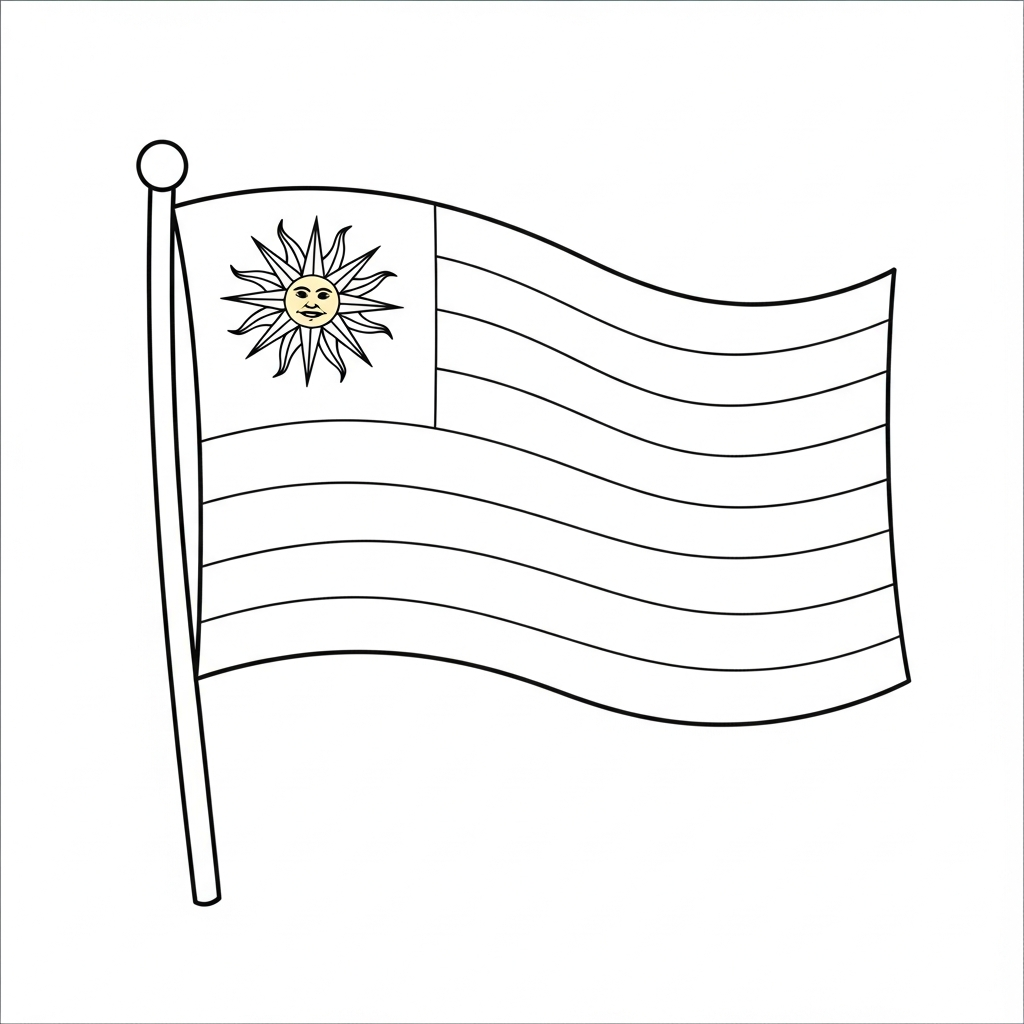 Desenho de bandeira o uruguai para colorir com sol e listras ondulantes