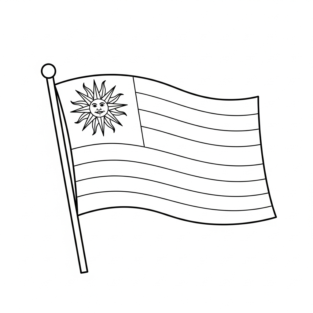 Desenho de bandeira o uruguai para colorir com sol e listras ondulantes