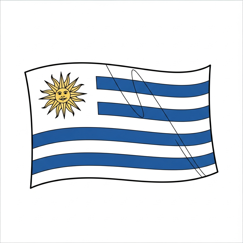 Desenho de bandeira o uruguai para colorir com sol e listras ondulantes